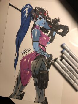 1girl artist_request ass blue_skin colored_skin female_focus gun highres lips markers overwatch overwatch_1 rifle sniper_rifle solo source_request tagme traditional_media weapon widowmaker_(overwatch)