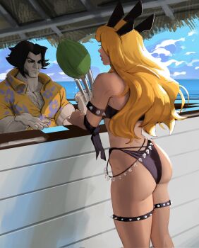1boy 1girl ass bikini blonde_hair breasts claws food fruit hacker highres long_hair magik_(x-men) marvel marvel_rivals sebastian_nunez short_hair swimsuit watermelon wolverine_(x-men) x-men