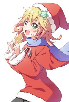 1girl :d black_pantyhose blonde_hair blue_scarf blush capelet christmas commentary_request commission cowboy_shot dress fur-trimmed_capelet fur-trimmed_headwear fur-trimmed_sleeves fur_trim gabriel_dropout gingerbread_man green_eyes haru_(konomi_150) hat highres long_sleeves looking_at_viewer medium_hair open_mouth pantyhose pixiv_commission red_dress red_hat santa_costume santa_hat scarf short_dress simple_background smile solo tapris_chisaki_sugarbell white_background