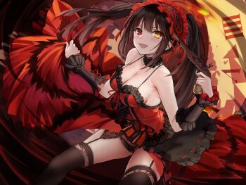 1girl :d antique_firearm black_hair black_panties black_thighhighs breasts cleavage commentary_request date_a_live dress firearm firelock flintlock frilled_hairband frills gothic_lolita gun hairband highres holding holding_gun holding_weapon large_breasts lolita_fashion long_hair looking_at_viewer open_mouth panties red_dress red_eyes revision saint_laurent_paris smile solo spaghetti_strap thighhighs tokisaki_kurumi tokisaki_kurumi_(spirit) twintails underwear very_long_hair weapon
