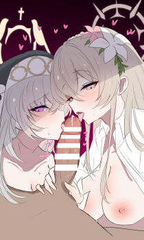 1boy 2girls absurdres bar_censor black_veil blue_archive blush breasts censored commentary_request cooperative_fellatio erection fellatio ffm_threesome flower grey_hair group_sex hair_flower hair_ornament halo heart hetero highres large_breasts licking licking_penis long_hair looking_at_viewer mosaic_censoring multiple_girls nagisa_(blue_archive) nipples nude oral penis penis_grab pov pov_crotch purple_background purple_eyes sakurako_(blue_archive) shirt teamwork_(sexual) teik0p threesome tongue tongue_out veil very_long_hair white_halo white_shirt