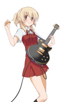 1girl audio_cable black_socks blonde_hair bolo_tie breasts commentary_request cowboy_shot dress electric_guitar feet_out_of_frame gibson_les_paul guitar hand_up hidamari_sketch highres holding holding_guitar holding_instrument holding_plectrum instrument kikumaru_bunta light_blush looking_at_viewer medium_hair miyako_(hidamari_sketch) plectrum red_dress red_vest school_uniform short_dress short_sleeves simple_background small_breasts smile socks solo vest white_background yamabuki_high_school_uniform yellow_eyes