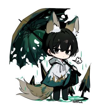 1boy absurdres animal_ears bags_under_eyes black_boots black_eyes black_hair boots closed_mouth commentary drifting_fox e.g.o_(project_moon) fox_boy fox_ears fox_tail highres holding holding_umbrella limbus_company looking_at_viewer project_moon r4fheath rain raincoat solo sunshower_(e.g.o) tail torn_umbrella umbrella white_raincoat yi_sang_(project_moon)