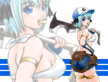 1girl ass axe baseball_bat bat_wings belt belt_pouch bikini bikini_top_only black_wings blue_eyes blue_gloves blue_hair blue_hat blue_shorts breasts brown_belt commentary_request cowboy_shot daina_rukawa fingerless_gloves from_behind gloves hat head_wings holding holding_axe looking_at_viewer looking_back medium_breasts pacifier pouch ragnarok_online short_hair short_shorts shorts sideboob swimsuit white_background white_bikini whitesmith_(ragnarok_online) wings zoom_layer