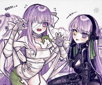 Rule 34 | 2girls, bandage over one eye, bandaged arm, bandaged head, bandaged leg, bandages, black bodysuit, black gloves, bodysuit, breasts, dual persona, elbow gloves, fate/grand order, fate (series), giant, giantess, gimp suit, gloves, green ribbon, hair ribbon, hairband, heterochromia, highres, kingprotea (fate), latex, latex bodysuit, long hair, looking at viewer, medium breasts, moss, multiple girls, naked bandage, noa pisces, o-ring, open mouth, purple eyes, purple hair, ribbon, sharp teeth, small breasts, smile, teeth, tongue, tongue out, very long hair, xochitonal (fate), yellow eyes