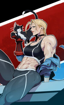 1girl abs blonde_hair blue_eyes breasts cammy_white cat crop_top fingerless_gloves from_side gloves jacket lips long_sleeves midriff muscular muscular_female pants red_background scar scar_on_face short_hair sitting street_fighter street_fighter_6 xashtar