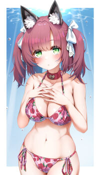 1girl animal_ears azur_lane bikini blush breasts cleavage collar commentary_request commission curious floral_print flower green_eyes groin hair_ribbon hands_on_own_chest hands_up highres hip_focus imo_bouya large_breasts medium_breasts medium_hair navel pink_bikini pink_flower pink_hair pink_rose pixiv_commission print_bikini ribbon rose rose_print shiratsuyu_(azur_lane) shiratsuyu_(retrofit)_(azur_lane) side-tie_bikini_bottom solo standing staring stomach swimsuit twintails white_ribbon