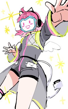 1girl 4ding :d animal_ear_headphones animal_ears cat_ear_headphones cat_ears cowboy_shot electric_plug electric_plug_tail fake_animal_ears grey_jumpsuit headphones highres jumpsuit long_sleeves love_live! love_live!_nijigasaki_high_school_idol_club masked open_mouth rina-chan_board short_jumpsuit simple_background smile solo sparkle tail tennoji_rina tsunagaru_connect_(love_live!) white_background