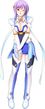 1girl blush boots breasts chest_jewel cleavage elbow_gloves full_body game_cg gloves hair_ornament highres holy_rouge large_breasts large_variant_set magical_girl nerawareta_megami_tenshi_angel_tear non-web_source official_art one_eye_closed open_mouth purple_hair red_eyes shizumi_suzune short_hair skirt solo standing tachi-e thigh_boots thighhighs transparent_background tsukumo_kazuita variant_set zettai_ryouiki