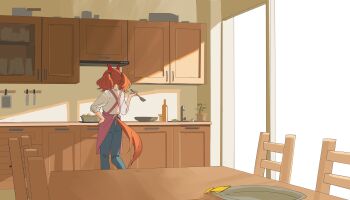 1girl absurdres animal_ears apron brown_hair commentary denim ear_covers english_commentary from_behind hand_on_own_hip highres holding holding_spatula horse_ears horse_girl horse_tail indoors jeans kitchen myticalcat nice_nature_(umamusume) pants pink_apron shirt short_hair solo spatula tail twintails umamusume white_shirt