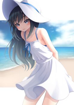 1girl absurdres arms_behind_back asashio_(kancolle) beach black_hair blue_eyes blue_sky blush bra_strap breasts cloud cloudy_sky collarbone commentary_request cowboy_shot day dress hair_between_eyes hat highres horizon kantai_collection leaning_forward letterboxed long_hair looking_at_viewer makura_(y_makura) ocean outdoors sand shore sidelocks sky sleeveless sleeveless_dress small_breasts smile solo spaghetti_strap standing sun_hat sundress white_dress white_hat