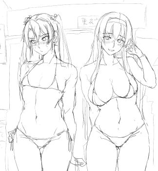 2girls arms_behind_back bikini blush bra breasts cleavage graphite_(medium) hand_in_own_hair headband highres kantai_collection large_breasts long_hair multiple_girls nervous nervous_smile shoukaku_(kancolle) sketch small_breasts smile stomach swimsuit traditional_media twintails underwear wide_hips zekkyon zuikaku_(kancolle)