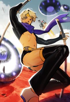1boy absurdres awesome_(nifast_(greentail)) black_shrug headband highres katana looking_at_viewer male_focus male_swimwear navel nifast_(greentail) open-toe_shoes original pectorals purple_scarf scarf shrug_(clothing) smile solo swim_briefs sword thighhighs underpec weapon yellow_headband