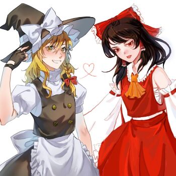 Rule 34 | 2girls, aihara-rina, apron, artist collaboration, artist request, ascot, back bow, black gloves, black hat, black skirt, black vest, blonde hair, bow, braid, brown hair, chest sarashi, chinese commentary, commentary request, detached sleeves, fingerless gloves, frilled bow, frilled hair tubes, frills, gloves, grin, hair bow, hair tubes, hakurei reimu, hat, hat bow, heart, highres, kirisame marisa, long hair, looking at viewer, multiple girls, open mouth, puffy short sleeves, puffy sleeves, red bow, red eyes, red skirt, ribbon-trimmed sleeves, ribbon trim, sarashi, short sleeves, side braid, simple background, single braid, skirt, skirt set, smile, touhou, vest, waist apron, white apron, white background, white bow, witch hat, yellow ascot, yellow eyes