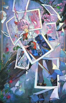 1girl absurdres animal_ears black_pantyhose book bread bread_slice commentary evanescia_(honkai:_star_rail) flower food fox_ears fox_girl gloves hair_between_eyes hair_flower hair_ornament highres holding holding_book honkai:_star_rail honkai_(series) pantyhose photo_(object) pink_hair purple_eyes saturn_(saturn_illus) shirt solo white_gloves white_shirt