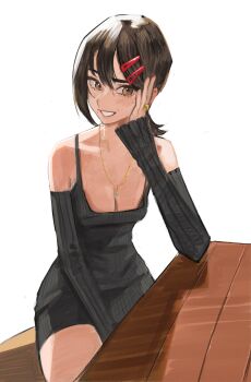 1girl absurdres black_dress breasts brown_eyes brown_hair chainsaw_man cleavage detached_sleeves dress hair_ornament hairclip hand_on_own_face higashiyama_kobeni highres jewelry mole mole_under_eye mole_under_mouth necklace ring simple_background sitting small_breasts table tefi_blum white_background