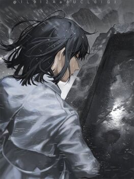 1girl black_eyes black_hair blackbox_(blackbox9158) bob_cut breasts capelet dark hair_flowing_over han_sooyoung large_breasts official_alternate_costume omniscient_reader's_viewpoint popped_collar puddle rain reflection serious short_hair solo water white_capelet