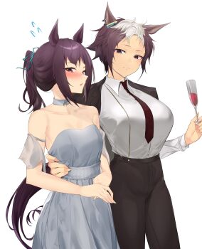 2girls absurdres alternate_costume alternate_hairstyle animal_ears aqua_ribbon bare_shoulders blush breasts brown_hair champagne_flute collarbone commentary crossdressing crossdressing_(ftm) cup dress drinking_glass ear_ornament flying_sweatdrops glass grey_dress grey_eyes grey_sash hair_ribbon hand_on_another's_waist highres holding holding_cup horse_ears horse_girl horse_tail jacket jacket_on_shoulders large_breasts long_hair long_sleeves looking_at_viewer mejiro_dober_(umamusume) mejiro_ryan_(umamusume) multicolored_hair multiple_girls necktie nose_blush open_mouth pants ponytail ribbon shirt short_hair sidelocks sideways_glance simple_background sleeveless sleeveless_dress tail two-tone_hair umamusume white_background white_hair white_shirt yomesuket