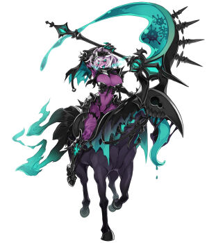 1girl armor armored_boots bikini_armor black_sclera bodysuit boots breasts colored_sclera colored_skin colored_tongue coronavirus covered_navel full_body gauntlets glowing glowing_eyes glowing_scythe glowing_weapon green_eyes green_tongue grey_hair headpiece high_heel_boots high_heels highres holding holding_weapon horse horseback_riding impossible_bodysuit impossible_clothes kenkou_cross knee_boots large_breasts long_tongue looking_at_viewer monster_girl monster_girl_encyclopedia official_art pale_rider_(monster_girl_encyclopedia) pink_hair purple_bodysuit purple_skin riding scythe short_hair skin_tight solo spikes textless_version tongue tongue_out undead very_long_tongue virus weapon white_background