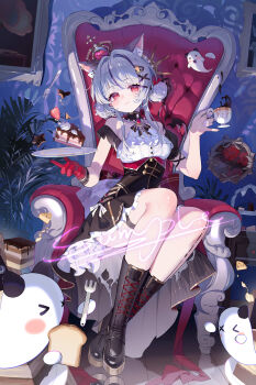 Rule 34 | > <, 1girl, absurdres, ahoge, animal ear fluff, animal ears, bare shoulders, black boots, black skirt, blush, boots, bow, bread, bread slice, breasts, cake, cake slice, cat ears, chair, chinese commentary, closed mouth, commentary request, commission, crown, cup, dress, flower, food, food in mouth, fork, fruit, full body, ghost, gloves, grey hair, hair intakes, hair ornament, hairclip, high-waist skirt, highres, holding, holding cup, holding food, holding fork, holding plate, indoors, ji guang xian yu, lace-up boots, long hair, looking at viewer, medium breasts, mini crown, original, plant, plate, red eyes, red flower, red gloves, red rose, rose, sample watermark, shirt, single glove, sitting, skirt, sleeveless, solo, tail, teacup, virtual youtuber, watermark, white shirt
