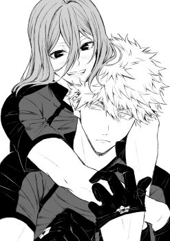 Rule 34 | 2boys, absurdres, adjusting clothes, adjusting gloves, blue lock, blush, chigiri hyoma, closed mouth, commentary request, gloves, greyscale, grin, hair between eyes, highres, hug, hug from behind, kunigami rensuke, long hair, looking at another, looking at viewer, male focus, mirenyan x, monochrome, multiple boys, short hair, short sleeves, simple background, smile, soccer uniform, sportswear, white background