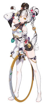 1girl absurdres ahoge animal_print aqua_nails arm_up bangboo_(zenless_zone_zero) bare_shoulders bear_print black_hair black_shorts braid braided_twintails bubuqiu chakram china_dress chinese_clothes collarbone commentary_request detached_sleeves dialyn_(zenless_zone_zero) dress earrings full_body hair_extensions hair_ornament hairclip highres holding holding_phone holding_weapon jewelry long_hair looking_at_viewer multicolored_hair multicolored_nails necktie no_shoes open_mouth panda_hair_ornament panda_print phone red_nails ring_hair_extensions shorts simple_background sparkling_eyes split-color_hair spoken_character standing thighhighs weapon white_background white_hair white_thighhighs yellow_eyes yellow_necktie zenless_zone_zero