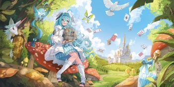 1girl absurdres ahoge aqua_hair bird birdcage blue_eyes blue_headband blue_skirt blush cage card castle cloud cloudy_sky coat commentary_request double-parted_bangs dove duet_night_abyss fantasy fina_(duet_night_abyss) fly_agaric hair_between_eyes hair_intakes hair_ornament headband highres holding holding_cage key labyrinth long_bangs long_hair looking_at_viewer mushroom on_mushroom open_mouth playing_card pleated_skirt potion sakatsuki_yakumo scenery sitting_on_mushroom skirt sky smile socks solo toeless_socks treehouse unicorn very_long_hair white_coat white_socks wing_hair_ornament