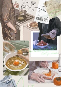 0pa9ue4 1boy alcohol barcode black_coat black_shirt bottle bowl bracelet bread bread_slice censored censored_identity coat cracking_egg cup english_text food hand_in_pocket highres holding holding_ladle jam jewelry kitchen ladle milk_bottle multiple_views noodles original pancake pancake_stack plate ramen ring shirt sticky_note striped_clothes striped_vest toast tomato vest