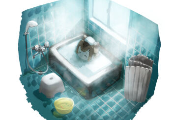 1girl ^_^ animal_ears bath_stool bathing bathroom bathtub black_hair brown_hair capybara_(kemono_friends) chibi closed_eyes colored_inner_hair contemporary extra_ears from_above hatch_(hatch_box) indoors kemono_friends medium_hair multicolored_hair partially_submerged shower_head sidelocks solo steam stool tile_floor tile_wall tiles towel towel_on_head water window