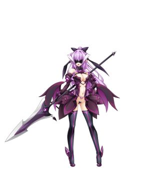 1girl black_bow boots bow breasts cleavage covered_eyes dark_persona elbow_gloves full_body game_cg gloves hair_bow hand_on_own_hip high_heels high_ponytail highres inoino kouyoku_senki_exs-tia large_breasts large_variant_set lilistia lilistia_lizelle long_hair low_wings maebari mask navel non-web_source official_art open_mouth pink_trim pointy_ears polearm ponytail purple_hair revealing_clothes rieszverne_suzette_paladill showgirl_skirt solo spear standing strapless_bottom tachi-e tattoo thigh_boots thighhighs transparent_background variant_set weapon wings