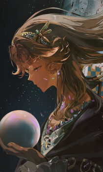 1girl ainimo5 ball beryl_bouanich black_cloak blue_eyes cloak closed_mouth cropped crystal_ball crystal_earrings dark_background dragonfly_hair_ornament earrings from_side grey_hair hand_up highres holding holding_ball jewelry long_hair looking_at_object profile reverse:1999 smile solo upper_body