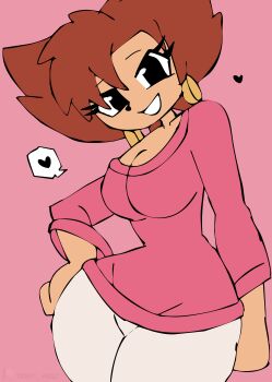 1girl absurdres animal black_eyes breasts brown_hair cleavage collarbone disney earrings furry goof_troop grin hand_on_own_hip heart highres hoop_earrings jewelry large_breasts long_sleeves looking_at_viewer mature_female mickey_mouse_&amp;_friends pants peg_pete pink_background pink_shirt shirt short_hair sketch smile speech_bubble spoken_heart standing teeth thick_thighs thighs tony_welt white_pants wide_hips