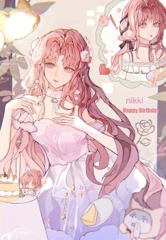 Rule 34 | !, 2girls, absurdres, bare shoulders, birthday, birthday cake, black bow, black ribbon, border, bow, bow choker, bowtie, bra strap, brown eyes, cake, cake slice, character balloon, character doll, chinese commentary, choker, cloak, closed mouth, cloud earrings, commentary request, cowboy shot, doll, dress, dropping, dual persona, ear covers, eyelashes, flower, food, four-pointed star, frilled shirt, frills, frown, fur-trimmed sleeves, fur trim, gown, gradient clothes, gradient dress, grey border, hair bow, hair intakes, hair ribbon, hand on own chest, hand on own shoulder, happy, happy birthday, hexagram, highres, hood, hood up, hooded cloak, imagining, infinity nikki, lace, lace-trimmed bow, lace choker, lace trim, lipstick, liyue573, long hair, looking to the side, low twintails, makeup, melody bloom (infinity nikki), momo (nikki), multiple girls, nikki (nikki), nikki (series), off-shoulder dress, off-shoulder shirt, off shoulder, open mouth, outside border, parted bangs, pawpads, perfect start (infinity nikki), pink bow, pink bowtie, pink choker, pink dress, pink hair, plate, pleated sleeves, print dress, purple dress, red bow, red bowtie, red lips, ribbon, rose, see-through bow, shining nikki, shirt, short sleeves, single stripe, smile, speech bubble, standing, star-filled rainbow (shining nikki), striped bow, striped bowtie, striped choker, striped clothes, surprised, table, thought bubble, traditional bowtie, tress ribbon, twintails, two-tone dress, very long hair, wavy hair, white background, white choker, white shirt, wide-eyed, yellow cloak