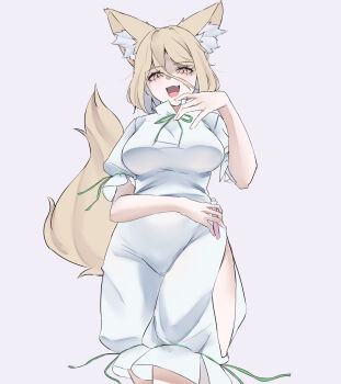 1girl animal_ear_fluff animal_ears blonde_hair breasts commentary_request fang fox_ears fox_girl fox_tail hair_between_eyes highres kanaria_(bcomn) kudamaki_tsukasa looking_at_viewer open_mouth romper side_slit simple_background solo tail test_tube touhou white_background white_romper yellow_eyes