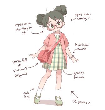 1girl absurdres bag bracelet commentary dated double_bun dress english_commentary full_body glasses green_dress green_eyes hair_bun highres jewelry looking_at_viewer orenjipiiru original pink_dress short_hair short_sleeves smile socks solo standing white_background