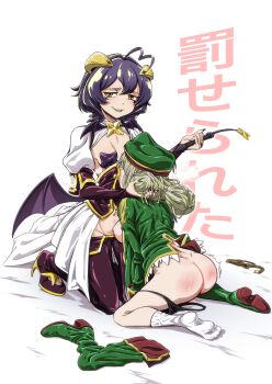 2girls absurdres ahoge ane_moire araga_kiwi bdsm boots dress green_boots green_hat green_jacket hat highres holding holding_wand horns jacket long_hair looking_at_viewer magia_baiser mahou_shoujo_ni_akogarete multiple_girls panties panties_around_leg pants purple_hair purple_pants simple_background smile spanked symbol-shaped_pupils underwear unworn_boots wand white_background white_dress yellow_eyes yuri