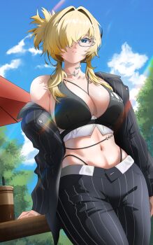 1girl absurdres bikini black_bikini black_jacket black_pants blonde_hair blue_eyes blue_sky breasts cleavage cloud collar collarbone commentary cowboy_shot crossed_bangs cup day disposable_coffee_cup disposable_cup formal_clothes glasses goddess_of_victory:_nikke grave_(beautiful_you)_(nikke) grave_(nikke) hair_between_eyes hair_intakes hair_over_one_eye highleg highleg_bikini highres jacket large_breasts lens_flare long_hair long_sleeves looking_at_viewer metal_collar navel necklace_between_breasts off_shoulder official_alternate_costume open_clothes open_jacket outdoors pants parted_lips pinstripe_jacket pinstripe_pants pinstripe_pattern pinstripe_suit ponytail short_ponytail sidelocks single_bare_shoulder sky solo standing stomach suit swimsuit umbrella vraxtal