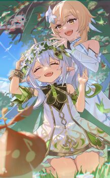 3girls :d absurdres arakavi_(genshin_impact) aralila_(genshin_impact) arama_(genshin_impact) aranakin_(genshin_impact) aranara_(genshin_impact) arayash_(genshin_impact) arayuta_(genshin_impact) bare_shoulders blonde_hair bloomers blush bracelet chromatic_aberration closed_eyes commentary_request day detached_sleeves dress flower flower_wreath genshin_impact gold_trim gradient_hair green_eyes green_sleeves hair_between_eyes hair_flower hair_ornament hand_up highres jewelry kneeling leaf_hair_ornament long_hair looking_at_another lumine_(genshin_impact) multicolored_hair multiple_girls nahida_(genshin_impact) open_mouth outdoors paimon_(genshin_impact) pointy_ears short_hair_with_long_locks side_ponytail sleeveless sleeveless_dress smile swing teeth tree tsukimori_mochi underwear upper_teeth_only very_long_hair white_bloomers white_dress white_flower white_hair yellow_eyes