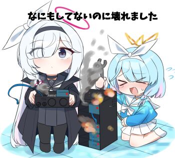 >_< 2girls aqua_hair arona_(blue_archive) black_choker black_eyes black_sailor_collar black_skirt blue_archive blush braid chibi choker closed_eyes computer computer_tower flying_sweatdrops hair_over_one_eye hairband highres holding holding_wrench long_hair long_sleeves multicolored_hair multiple_girls neckerchief open_mouth pink_hair plana_(blue_archive) pleated_skirt sailor_collar sashu_(thershr6s) school_uniform serafuku short_hair side_braid skirt smoke standing sweat tears translation_request very_long_hair white_choker white_sailor_collar white_skirt wrench