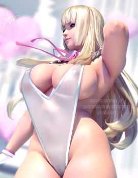 1girl areola_slip armpits artnip blonde_hair breasts covered_erect_nipples emilie_de_rochefort gloves heart large_breasts long_hair namco one-piece_swimsuit swimsuit tekken