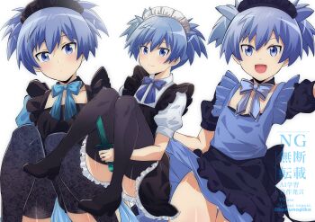 1boy :d absurdres alternate_costume ansatsu_kyoushitsu black_dress black_shoes black_thighhighs blue_eyes blue_hair blush chiyu_(bokunopiko) collarbone crossdressing crossdressing_(mtf) dress enmaided frills highres maid maid_headdress male_focus male_maid open_mouth shiota_nagisa shirt shoes simple_background sitting smile thighhighs translation_request trap white_background