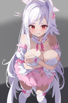 1girl absurdres blue_archive breasts cleavage covering_breasts covering_privates crescent crescent_hair_ornament hair_ornament halo highres huge_breasts long_hair looking_at_viewer mawe127 open_mouth panties red_eyes solo suzumi_(blue_archive) suzumi_(magical)_(blue_archive) thighhighs torn_clothes underwear white_panties white_thighhighs