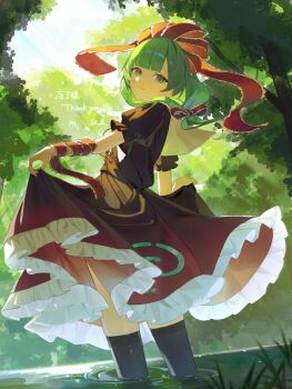 Rule 34 | 1girl, arm ribbon, black thighhighs, blunt bangs, bow, brown dress, closed mouth, clothes lift, commentary, commission, cowboy shot, criss-cross straps, day, dress, dress lift, english commentary, english text, floating clothes, floating hair, frills, from behind, front ponytail, grass, green eyes, green hair, hair bow, hands up, kagiyama hina, ko gyoku, lake, lifting own clothes, long hair, looking at viewer, looking back, outdoors, puffy short sleeves, puffy sleeves, red bow, red dress, ribbon, short sleeves, skeb commission, sky, smile, solo, standing, sunlight, thank you, thighhighs, touhou, tree, two-tone dress, white sky
