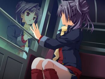1girl chair doko_e_iku_no_ano_hi ferris_wheel game_cg hand_on_window jacket kanno_touko looking_outside mogi_kazuha non-web_source open_mouth purple_hair red_eyes reflection scarf side_ponytail socks