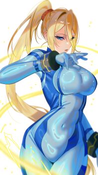 Rule 34 | 1girl, blonde hair, blue bodysuit, blue eyes, bodysuit, breasts, covered navel, cowboy shot, high ponytail, highres, large breasts, long hair, looking at viewer, metroid, mole, mole under mouth, nintendo, one eye closed, parted lips, ponytail, samus aran, simple background, skin tight, solo, super smash bros., very long hair, white background, yasaikakiage, zero suit