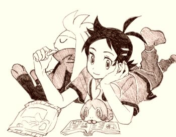 1boy book chips_(food) feeding food gen_8_pokemon goh_(pokemon) greyscale head_rest lying_on_person monochrome nintendo pokemon pokemon_(anime) pokemon_journeys quhi_nts raboot reading shirt short_hair short_sleeves sketch smile sobble white_background