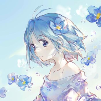 1girl antenna_hair blue_background blue_dress blue_eyes blue_flower blue_hair bubble collarbone dress floral_print flower hair_flower hair_ornament highres light_blush looking_at_viewer mahou_shoujo_madoka_magica miki_sayaka official_alternate_costume parted_lips short_hair siren_(jzy601306223) solo upper_body