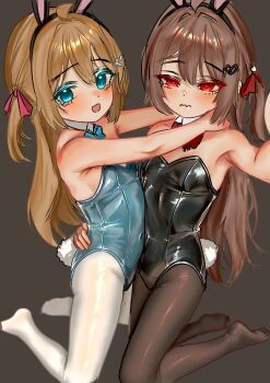 2girls black_hair blush borzoii bow bowtie breasts brown_hair evil_neuro-sama highres hug indie_virtual_youtuber latex leotard loli long_hair looking_at_viewer multiple_girls neuro-sama pantyhose rabbit_ears rabbit_tail small_breasts tagme
