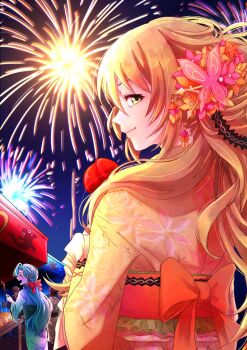 2girls aerial_fireworks alternate_costume aqua_hair back_bow blonde_hair blue_kimono bow candy_apple celine_(fire_emblem) chloe_(fire_emblem) closed_mouth fire_emblem fire_emblem_engage fireworks food green_eyes hair_bow highres holding_candy_apple holding_food japanese_clothes kimono long_hair long_sleeves looking_at_viewer multiple_girls nintendo orange_bow people red_bow smile sturm_fe_k11 very_long_hair wide_sleeves yellow_kimono