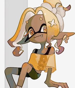 Rule 34 | 1girl, aluy01, blonde hair, capelet, dark-skinned female, dark skin, fang, frye (splatoon), frye (splatoon raiders), inkling, nintendo, pointy ears, shorts, sitting, smile, solo, splatoon (series), splatoon raiders, tank top, yellow eyes
